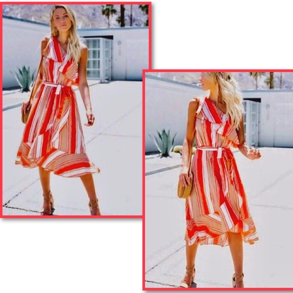 VICI stripe, ruffle one shoulder faux wrap midi dress. w/sash tie M ⚡️FLASH SALE - Picture 3 of 16